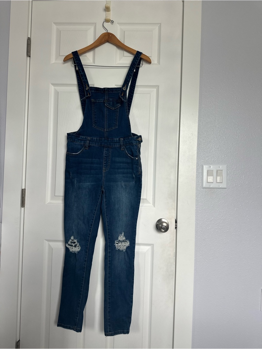 Women’s Dark Blue Denim Overalls with Distressed Knees